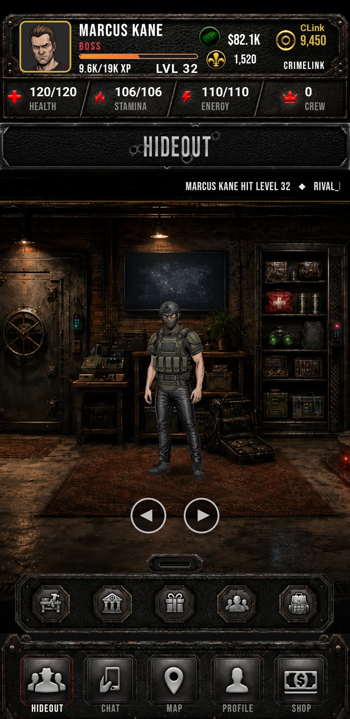 The player operative standing at the center of the Hideout between the safe and equipment shelves