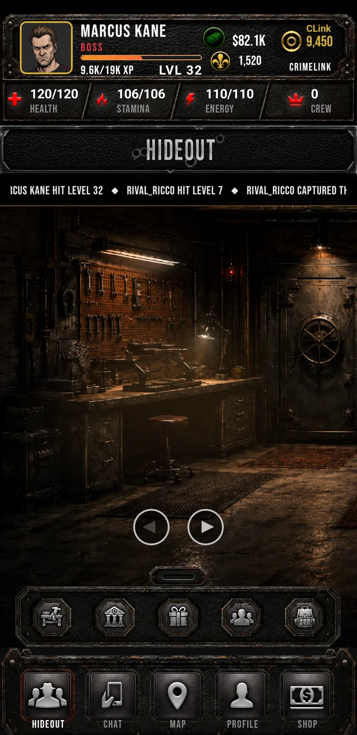 The Hideout workbench and tool wall at the far-left camera position