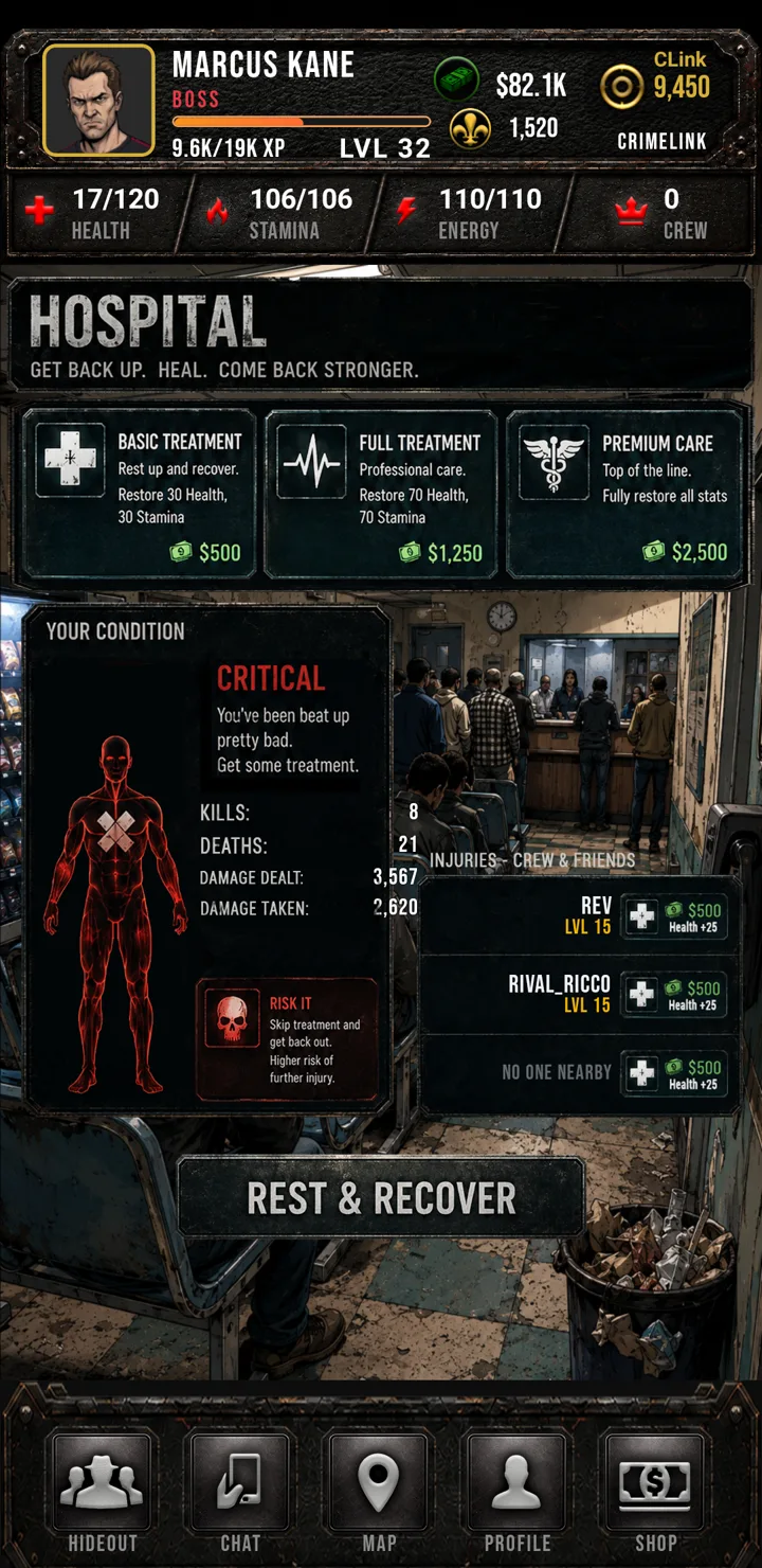 Crimelink hospital screen: player in critical condition choosing between treatments or risking it and heading back out