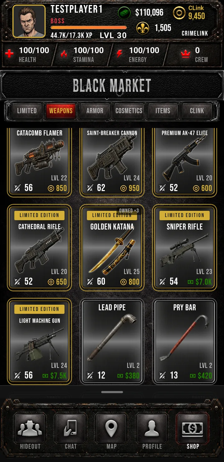 Crimelink Black Market shop with limited-edition masks, a Premium 1911, and Clink-priced weapon cards